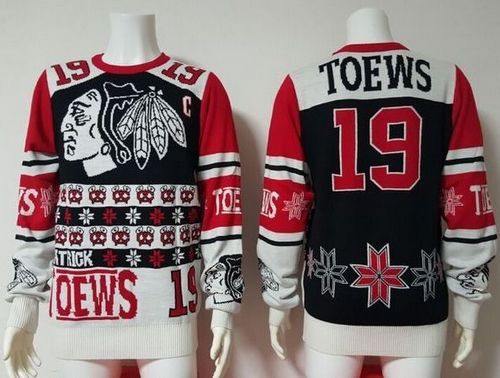 Chicago Blackhawks #19 Jonathan Toews Black/Red Men's NHL Ugly Sweater - Click Image to Close